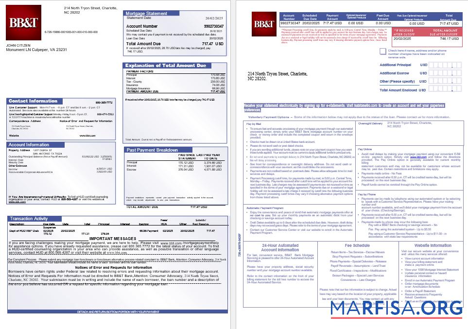 Realistic USA BB&T Corp. bank mortgage statement in Word and PDF formats, 3 pages 1 2 example